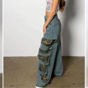 Akira Denim Wide-Leg Pants with Camo Accents